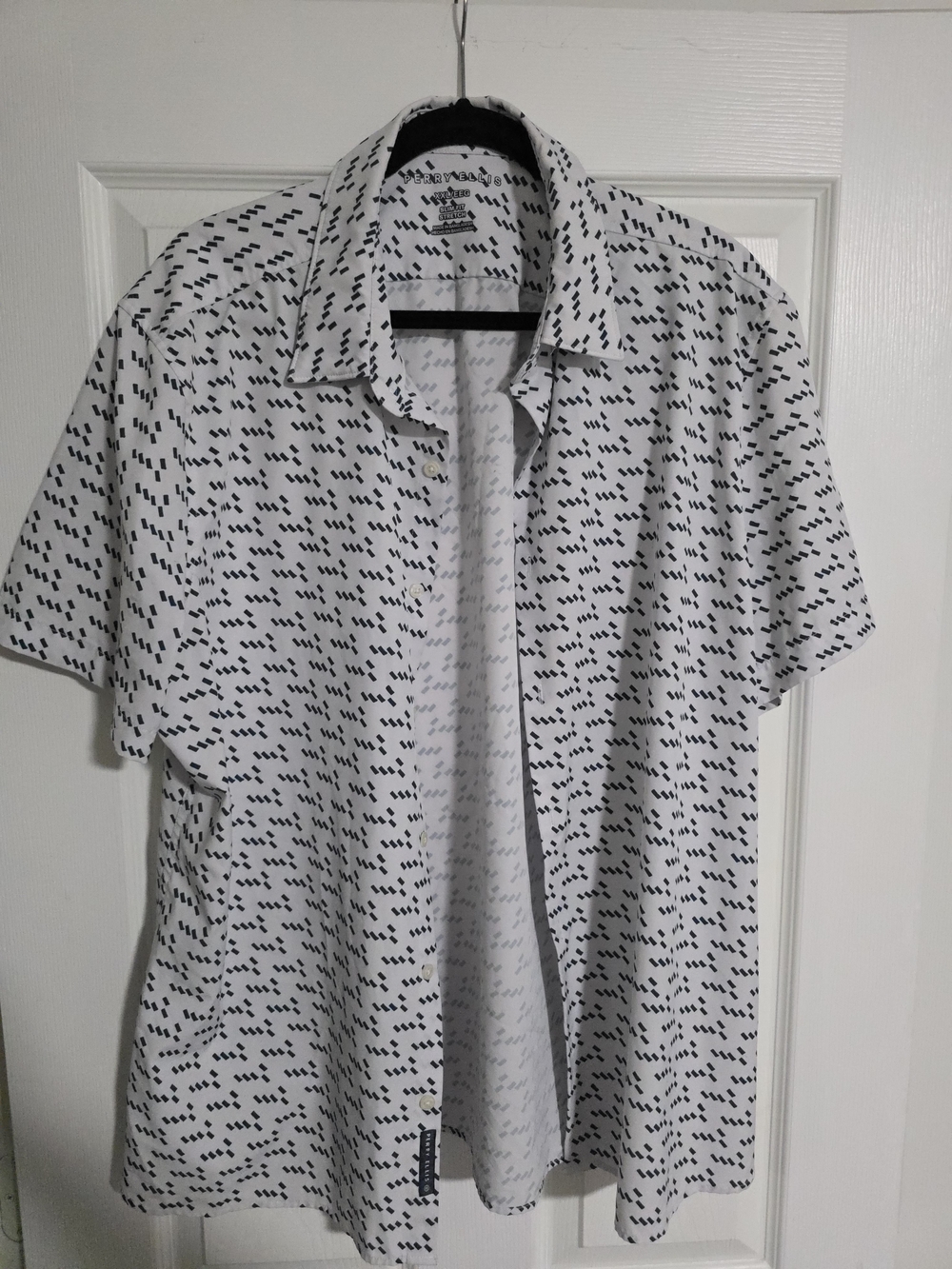 Perry Ellis White Short Sleeve Button-Down Shirt with Black Micro Print